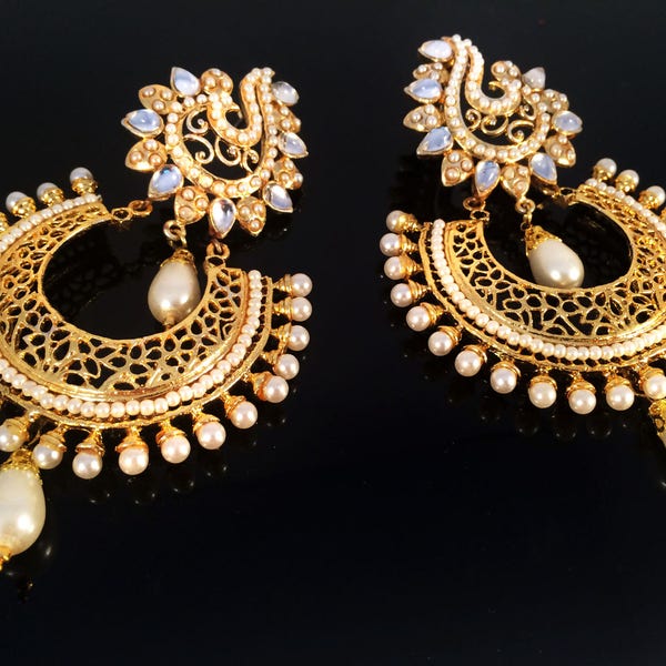 Pearl Kundan Gold Chandelier earring,Mughal kundan earrings,Pearl Royal Chandbali Earrings,Indian Jewellery handmade earrings by Taneesi