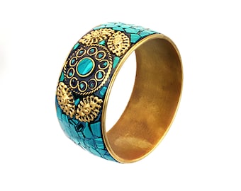 Gold Plated Turquoise Bangle Cuff, Afghan Tribal Bracelet
