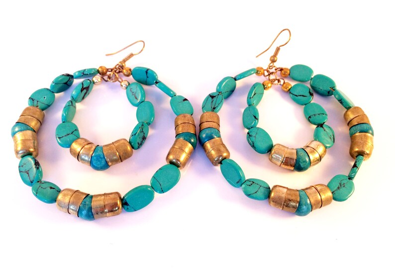 CLEARANCE SALE Turquoise Gold hoop earrings,Blue gold hoop earrings,Bohemian jewelry,Large hoops Handmade Earrings,Etsy Jewelry by TANEESI