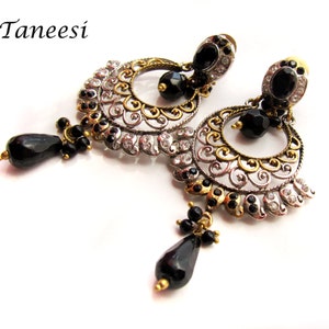 Gold earrings,Chandelier earrings, black crystal Chandelier Bridal Earrings , wedding Jewelry by Taneesi Jewelry