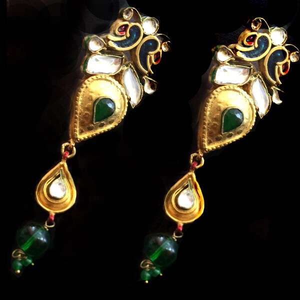 turkish jewelry-Kundan earrings,Green Gold,22K Gold plated Earrings,Indian jewellery,wedding jewelry,gold vermeil,victorian style