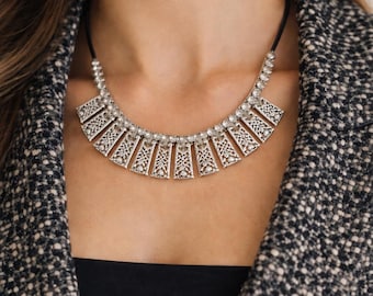 PASCUA VENTA Plata Fringe collar, collar del BABERO, Gargantilla, collar Templo, tribal, llamarada étnico,joyería de la vendimia por Taneesi