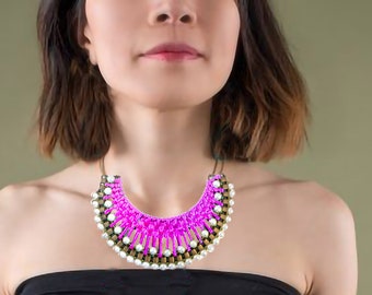 Hot Pink Bib Necklace, Pearl Pink and Gold Bib Necklace,Statement Jewelry,Wedding Jewelry,Pearl Bib Necklace by Taneesi