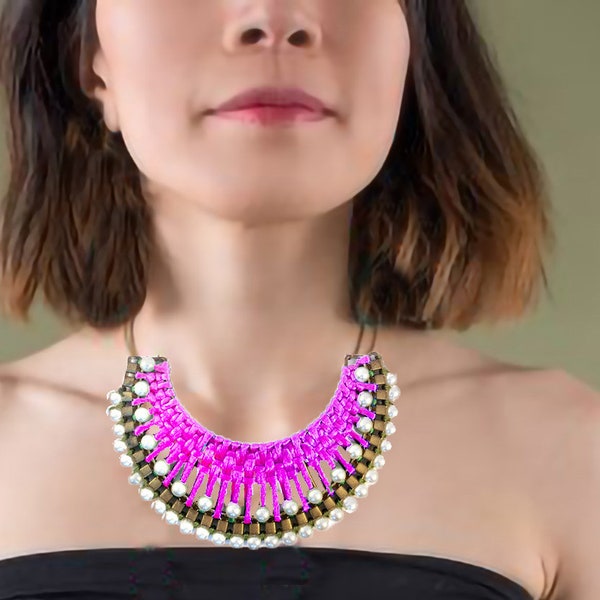 Hot Pink Bib Necklace, Pearl Pink and Gold Bib Necklace,Statement Jewelry,Wedding Jewelry,Pearl Bib Necklace by Taneesi