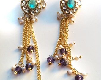 Earrings Chandelier ,Teal Purple Kundan Jewelry, Gold plated Earrings, Indian Kundan Jewelry by Taneesi