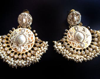 Gold Kundan earrings,Gold indian Jewellery,Pearl Earrings Large,Chandelier earrings,Royal ethnic jewellery,mughal Jewelery by Taneesi YEC774