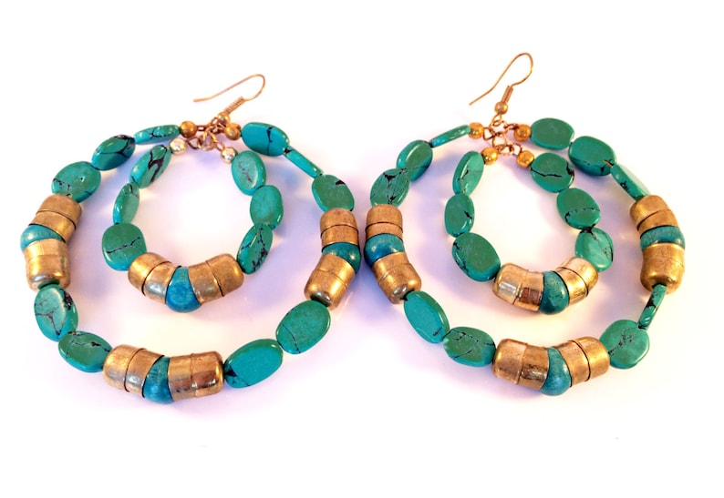 CLEARANCE SALE Turquoise Gold hoop earrings,Blue gold hoop earrings,Bohemian jewelry,Large hoops Handmade Earrings,Etsy Jewelry by TANEESI