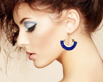 Green Tassel earring- Gold Half moon earrings-Boho tassle earrings- Moon Earrings -Tribal Jewelry Hoop Earrings-fringe earring AE233