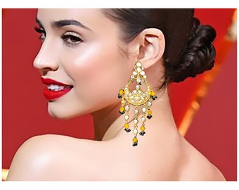 Gold Earrings, BAROQUE Chandelier Kundan Earrings, Gold Plated 18K ,Yellow Onyx & Black beaded Earrings by TANEESI