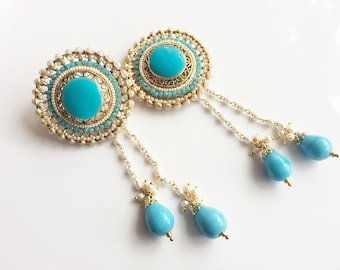 KASHMIRI Earrings,Pearl & ferozaa Kundan kashmiri Chandelier Earrings,Turquoise Earrings-wedding Jewellery,Indian Jewellery TANEESI YEP550T