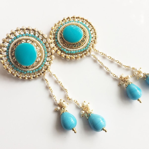 KASHMIRI Earrings,Pearl & ferozaa Kundan kashmiri Chandelier Earrings,Turquoise Earrings-wedding Jewellery,Indian Jewellery TANEESI YEP550T