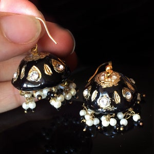 Black Earrings,Jaipur Jhumka earrings,Lac Earrings, Jellyfish Earrings Gold jhumkas,Crystal Earrings,Vintage Jewelry by Taneesi image 1