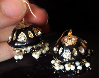 Black  Earrings,Jaipur Jhumka earrings,Lac Earrings, Jellyfish Earrings Gold jhumkas,Crystal Earrings,Vintage Jewelry by Taneesi