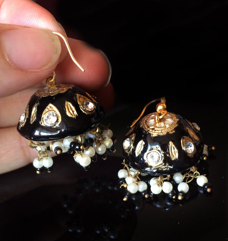 Black Earrings,Jaipur Jhumka earrings,Lac Earrings, Jellyfish Earrings Gold jhumkas,Crystal Earrings,Vintage Jewelry by Taneesi image 1