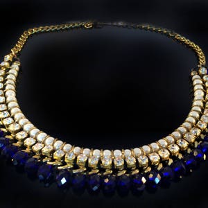 Blue Victorian BIB Necklace,prom Blue & gold StatementJewelry,Pearl Collar Necklace,wedding jewelry,bridal accessory,crystal jewelry YN265B