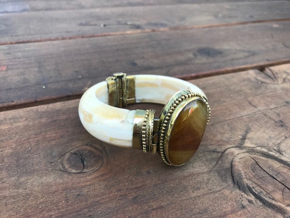 Antique Cuff Bracelet, Tribal Brass Onyx Cuff , S… - image 5