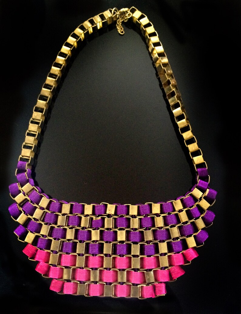 CLEARANCE SALE Gold bib Necklace-Metal link necklace ,purple Pink gold chain,Museum style unique necklace,Statement jewelry image 2