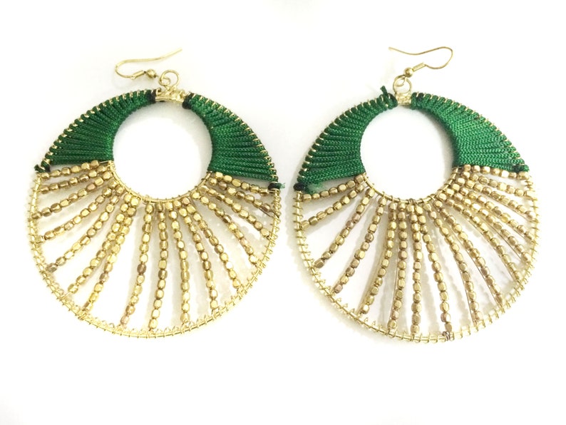 Green & GOLD Hoop Earrings,Large Chandelier Earrings,Tribal Bohemian earrings,Boho Belly Dancers Earrings,Gold gypsy Earrings by Taneesi zdjęcie 2