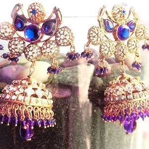 DIWALI SALE Brincos de ouro azul marinho, Jhumkas, joias turcas de férias, lustre vitoriano, joias de casamento indianas - brincos de cúpula grande