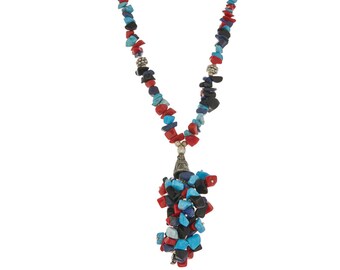 CLEARANCE SALE Nepal necklace, Tassel coral Red blue Turquoise Necklace, Gift for Her, Bohemian necklace, Stone chip necklace