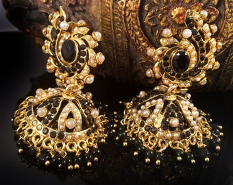 Black & Gold earrings,Pearl Jhumkas,Indian gold Earrings,Temple Ethnic Jewellery,dome earring,Bell earrings Designer Jewelry Taneesi YJ442BL