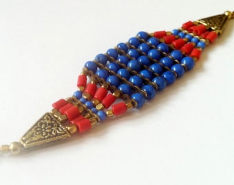 EGYPTIAN CUFF Bracelet ,Wrap Bracelet,Red,Blue and Gold Bracelet,Gold bracelet, Womens Jewelry,Beaded Bracelet Sale by taneesi jewelry