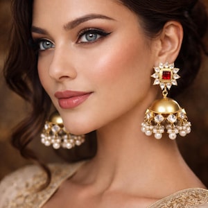 Gold kundan Jhumkas-Pearl Jhumka Earrings-Triple jhumka-tiered jhumka earrings-Freshwater Pearl earrings, Long Jhumkas,Kundan Earrings image 1