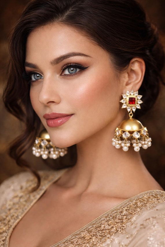 Gold kundan Jhumkas-Pearl Jhumka Earrings-Triple jhumka-tiered jhumka earrings-Freshwater Pearl earrings, Long Jhumkas,Kundan Earrings