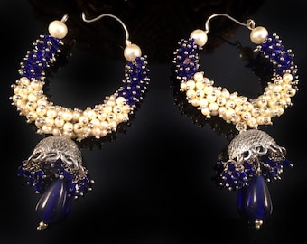 Silver Bridal Pearl Earrings,Blue & White Pearl Chand Bali,gold Jhumkas,Blue Jhumka chand bali ,cluster pearl earrings by TANEESI