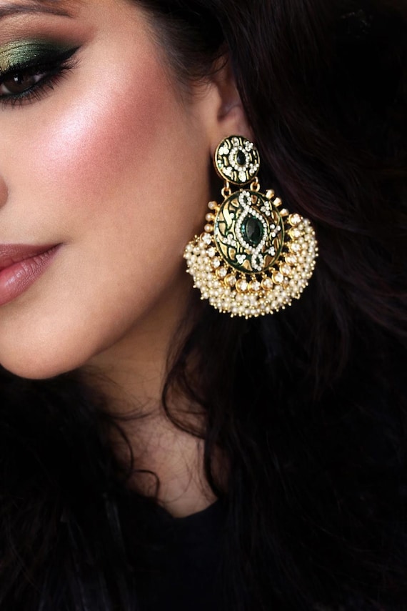 Gold Kundan earrings,Green kundan earrings,Pearl Gold jewelry,Chandelier earrings,Indian jewellery, Ethnic Jewelery by Taneesi