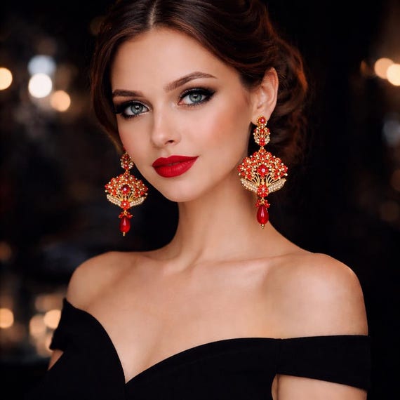Red Gold Peacock Chandelier Earrings, Crystal Beaded Victorian Jewelry, Indian earrings