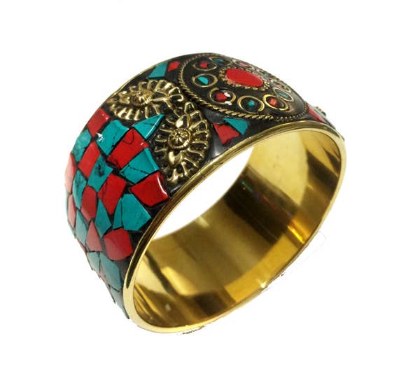 Blue Turquoise Coral Brass Metal Cuff//Bracelet Free Size Nepali Work Handmade Jewelry