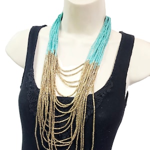 Long Turquoise & Gold Layered Necklace: Hand Beaded Boho Bib