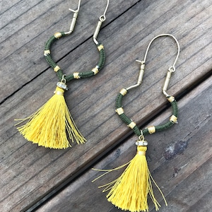 Thread wrapped Hoop Earrings-Mustard Tassel earrings Green Mustard Fall Earrings Boho style Hoops Bohemian Jewelry by Taneesi HOOP EARRINGS