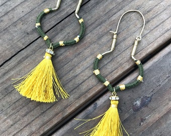 Thread wrapped Hoop Earrings-Mustard Tassel earrings- Green Mustard Fall Earrings- Boho style Hoops- Bohemian Jewelry by Taneesi