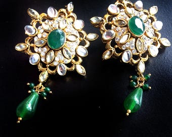 Kundan Earrings-Green Earrings-Wedding jewellery-Indian Bridal -kashmiri Earrings-Holiday GREEN Valentines gift by TANEESI YP232G