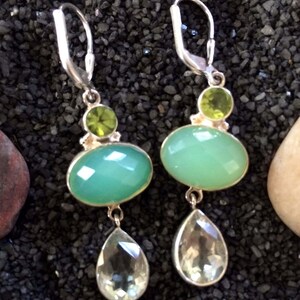 Green Chalcedony Sterling Silver Earrings: Peridot & Quartz Dangle