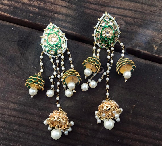 Kundan Jhumka Earrings Green Gold pearl Jhumka Earrings triple