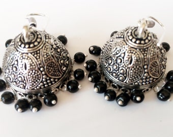 TRIBAL SILVER Jhumka Earrings,Peacock Silver Jhumkas,Kucchi Earrings,Silver dome Chandelier Taneesi Jewelry