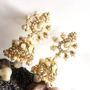 PEARL JHUMKA Earrings,Pearl &Gold Jhumkas,Dome earrings,Indian bell Chandelier earrings wedding jewelry handmade by TANEESI YJ240P image 1