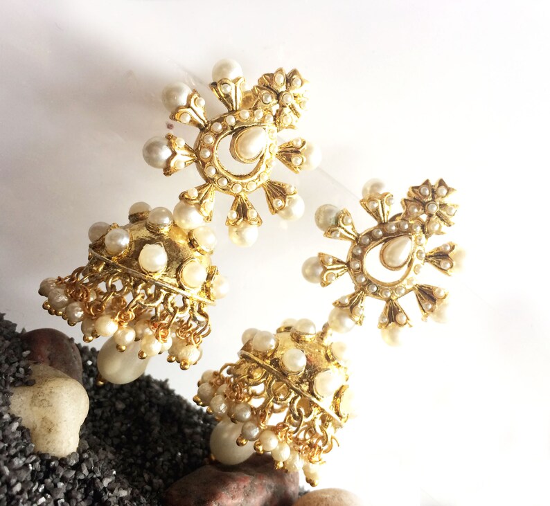 PEARL JHUMKA Earrings,Pearl &Gold Jhumkas,Dome earrings,Indian bell Chandelier earrings wedding jewelry handmade by TANEESI YJ240P image 1