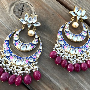 Ruby Kundan gold Earrings-Enamel gold jewellery-chandelier earrings  .925 Silver 22k Gold filled Indian Traditional jewels,exotic royal