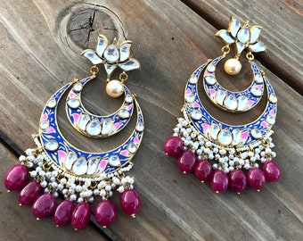 Ruby Kundan gold Earrings-Enamel gold jewellery-chandelier earrings  .925 Silver 22k Gold filled Indian Traditional jewels,exotic royal