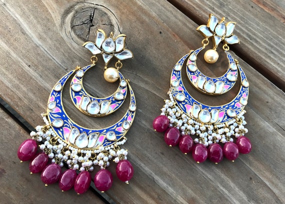 Ruby Kundan Gold Earrings enamel Gold Jewellery chandelier