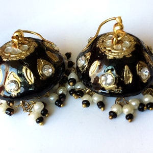 Black Earrings,Jaipur Jhumka earrings,Lac Earrings, Jellyfish Earrings Gold jhumkas,Crystal Earrings,Vintage Jewelry by Taneesi image 5