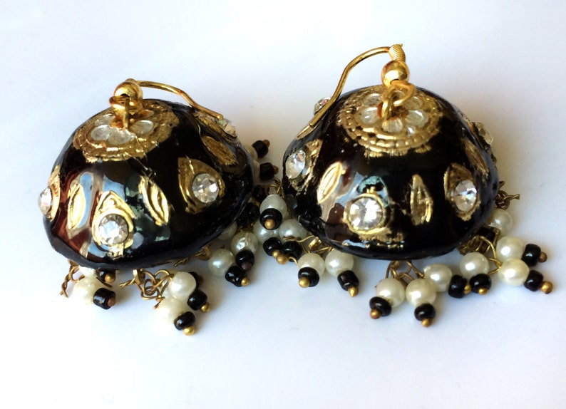 Black Earrings,Jaipur Jhumka earrings,Lac Earrings, Jellyfish Earrings Gold jhumkas,Crystal Earrings,Vintage Jewelry by Taneesi image 5