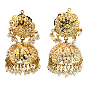 May include: A pair of gold earrings with pearl accents. The earrings are in the shape of a bell with a round, decorative top.