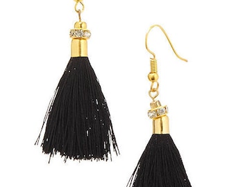 Black gold Tassel earrings,Silk Tassel earrings,festival jewelry-fringe earrings-Boho earring-Bohemian Gypsy jewelry-AE515BL