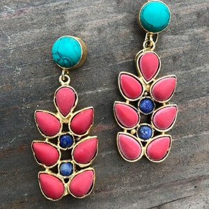 Coral Turquoise Earrings, tree earrings-branch earring-Nepal Jewelry,Boho Antique Earrings,Tibetan jewelry,Afghan Jewelry by Taneesi image 2
