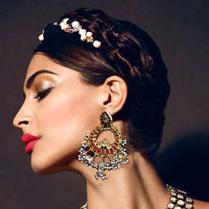 Gold Kundan earrings,Red Gold kundan earrings,Chandelier earrings,Indian jewellery, Ethnic Jewelry by Taneesi